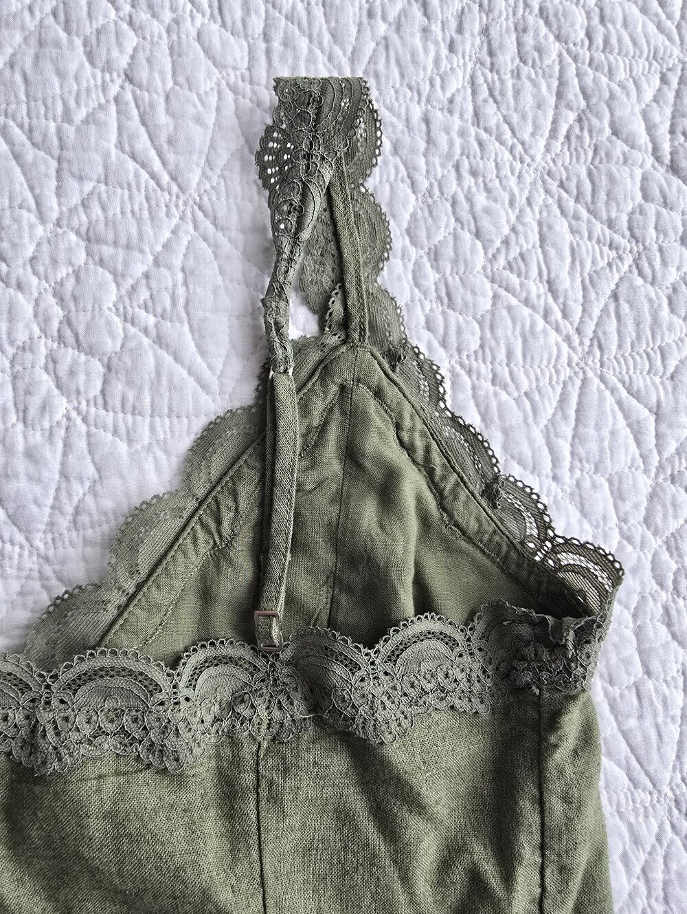 Abercrombie & Fitch Lace-Trim Tie Front Linen Blend Peplum Cami Top Green - Picture 9 of 12